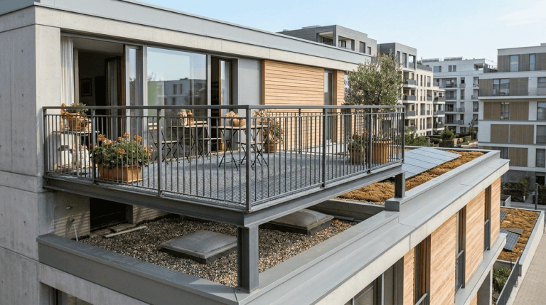 Balcone ampliato con piattaforma metallica appoggiata su lastrico di copertura