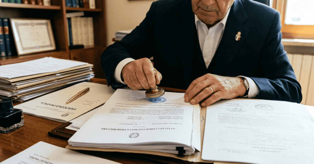 Notaio che timbra documenti per una compravendita immobiliare senza certificato di agibilità