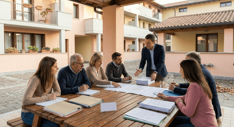 Assemblea condominiale durante una riunione sulla disdetta della polizza assicurativa del condominio