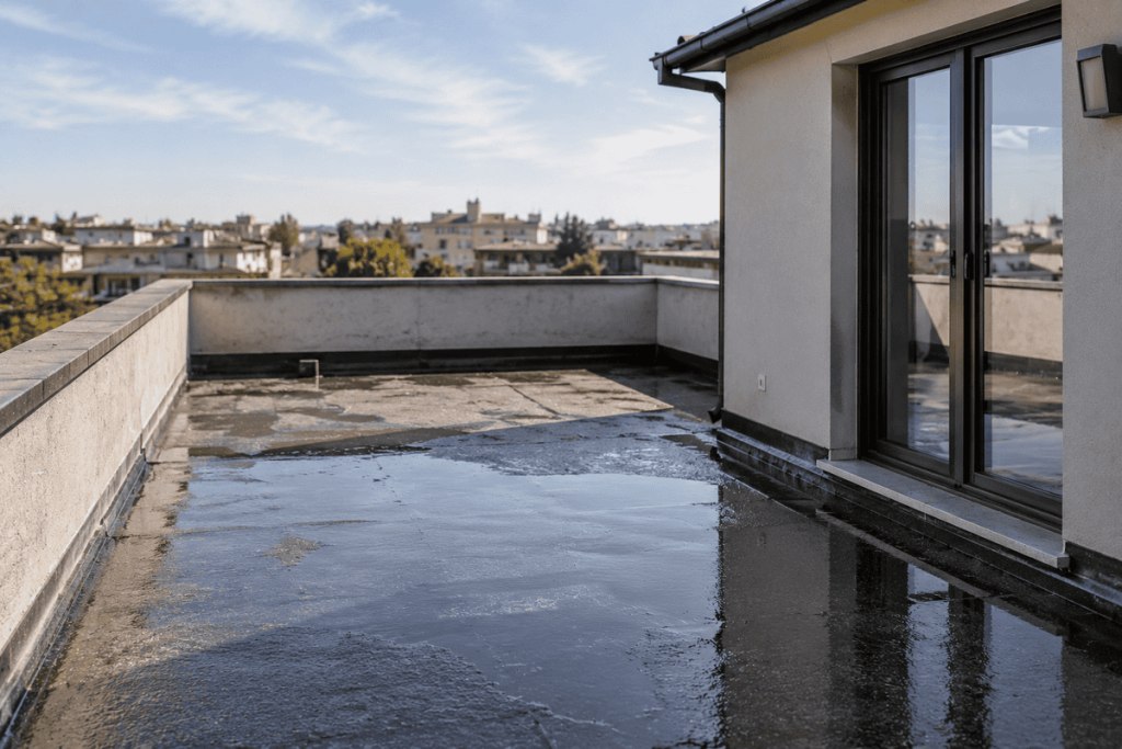 Terrazza a livello con superficie impermeabilizzata e ristagni d'acqua su edificio condominiale