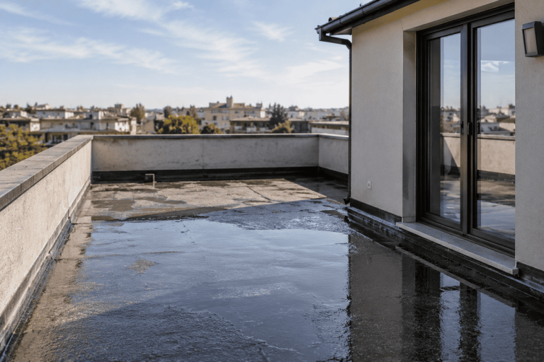 Terrazza a livello con superficie impermeabilizzata e ristagni d'acqua su edificio condominiale