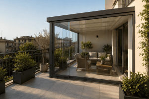 Veranda chiusa su terrazzo di un appartamento in condominio con struttura in vetro e alluminio.