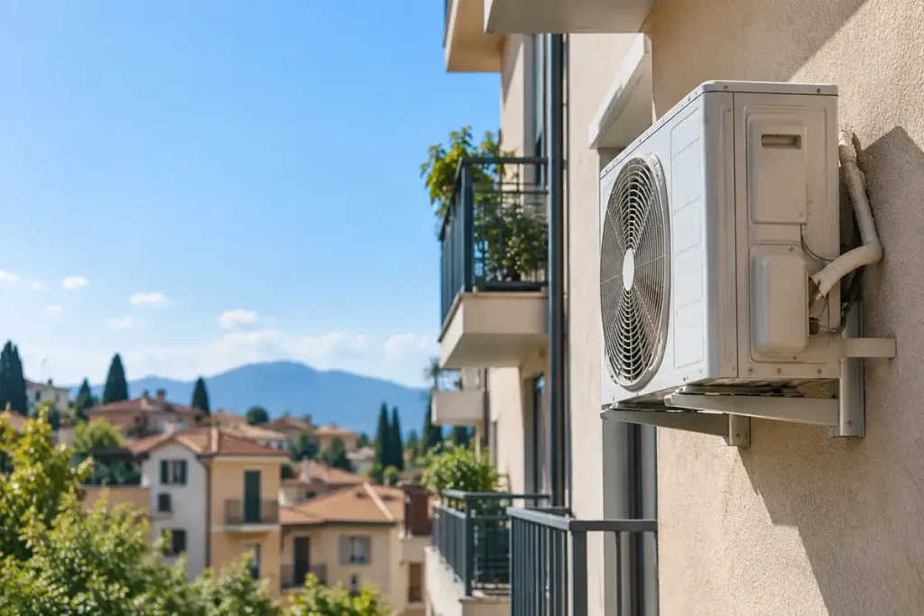 Condizionatore esterno installato sulla facciata di un edificio condominiale