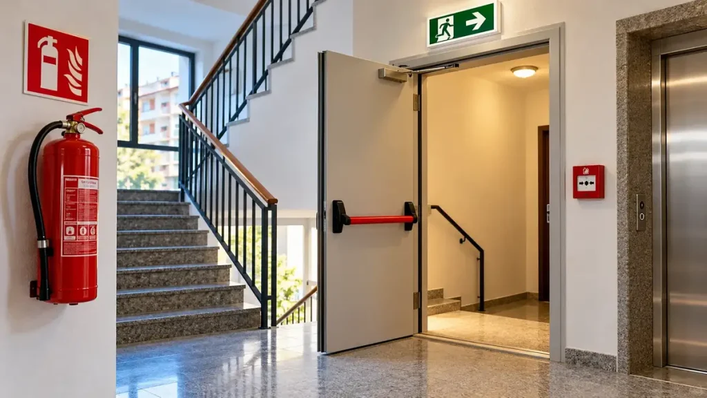 Scala condominiale con porta tagliafuoco, estintore e segnaletica di emergenza per la prevenzione degli incendi