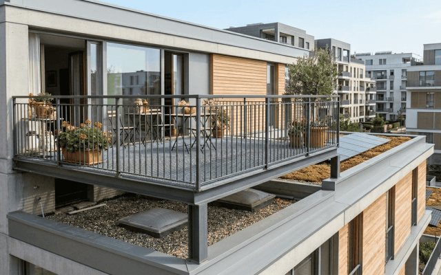 Balcone ampliato con piattaforma metallica appoggiata su lastrico di copertura