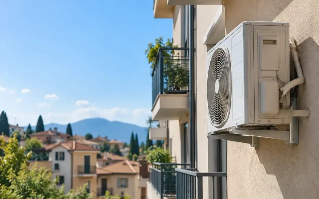 Condizionatore esterno installato sulla facciata di un edificio condominiale