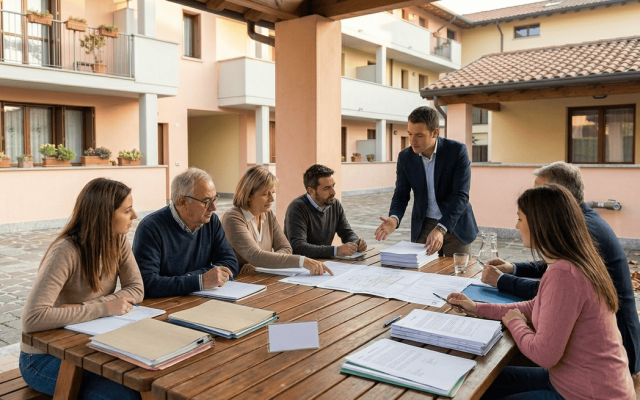 Assemblea condominiale durante una riunione sulla disdetta della polizza assicurativa del condominio