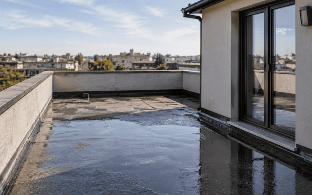 Terrazza a livello con superficie impermeabilizzata e ristagni d'acqua su edificio condominiale