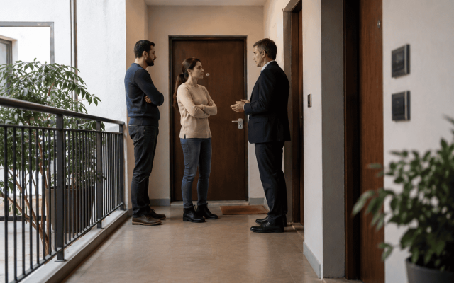 Amministratore di condominio mentre gestisce una segnalazione tra proprietario e inquilino in un edificio residenziale