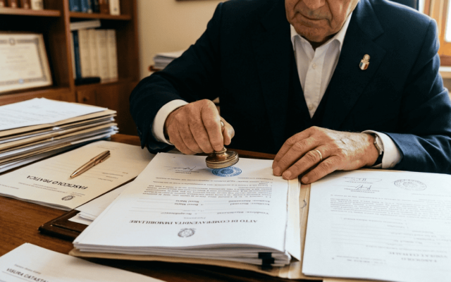 Notaio che timbra documenti per una compravendita immobiliare senza certificato di agibilità