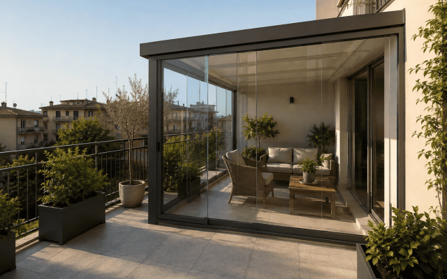 Veranda chiusa su terrazzo di un appartamento in condominio con struttura in vetro e alluminio.